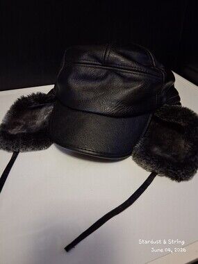 Black Faux Leather Trapper Aviator Hat Faux Fur Ear Flaps Winter Cap Size 60 XL